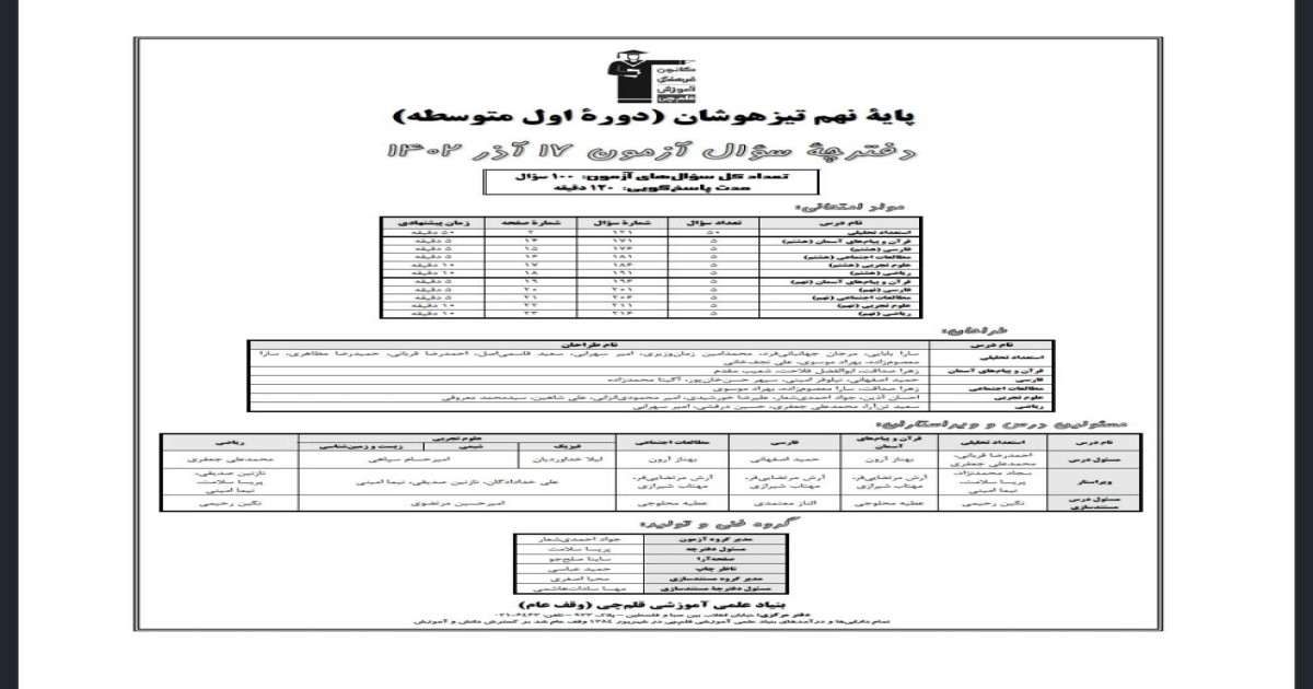 آزمون هوش استعداد تحصیلی نهم-سال تحصیلی1405-1406-نیمسال اول